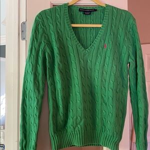 Vintage Polo Ralph Lauren Sport Cable Knit V-Neck Sweater Women Sz L Green